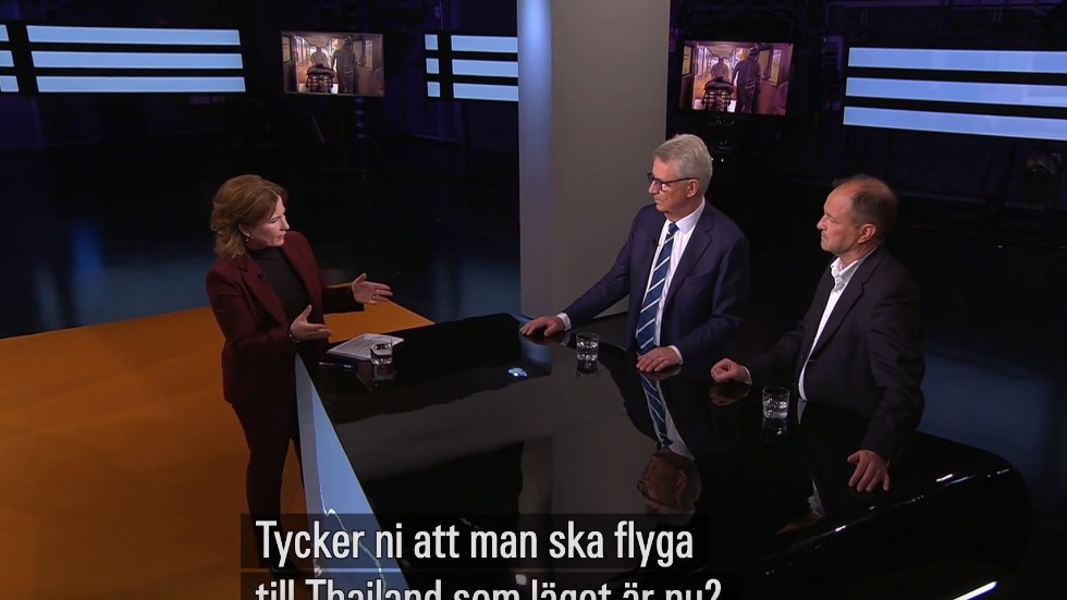 Här ser vi Anna Hedenmo från SVT tillsammans med Johan Giesecke och Björn Olsen i Agendastudion den 272 2020. 