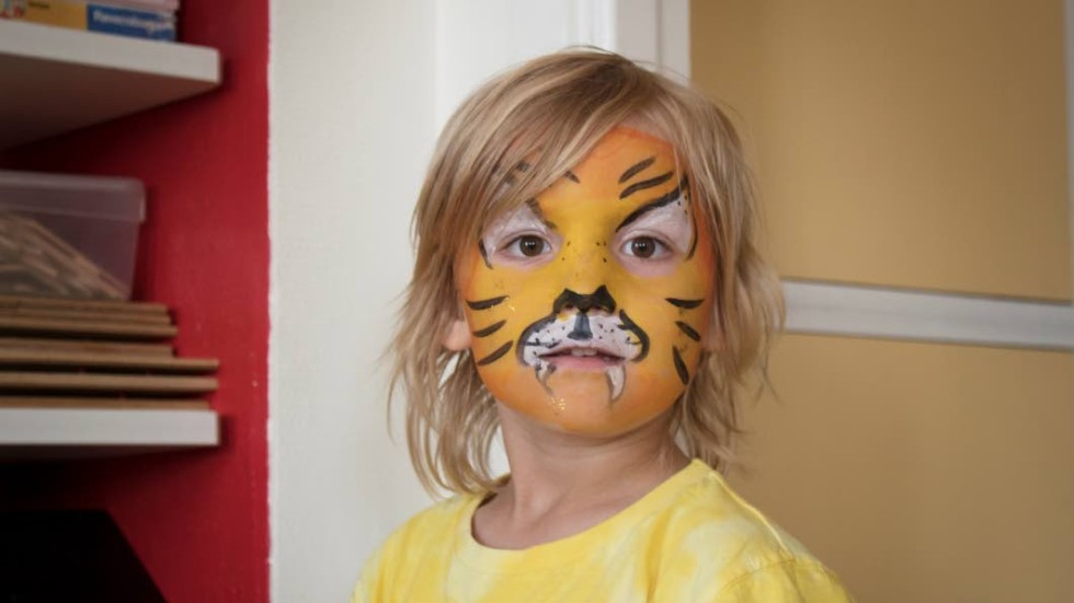 På onsdagen var det barnens dag. Ansiktsmålaren Sabina Finke är mamma till tigern Bruno Seher, fem år.