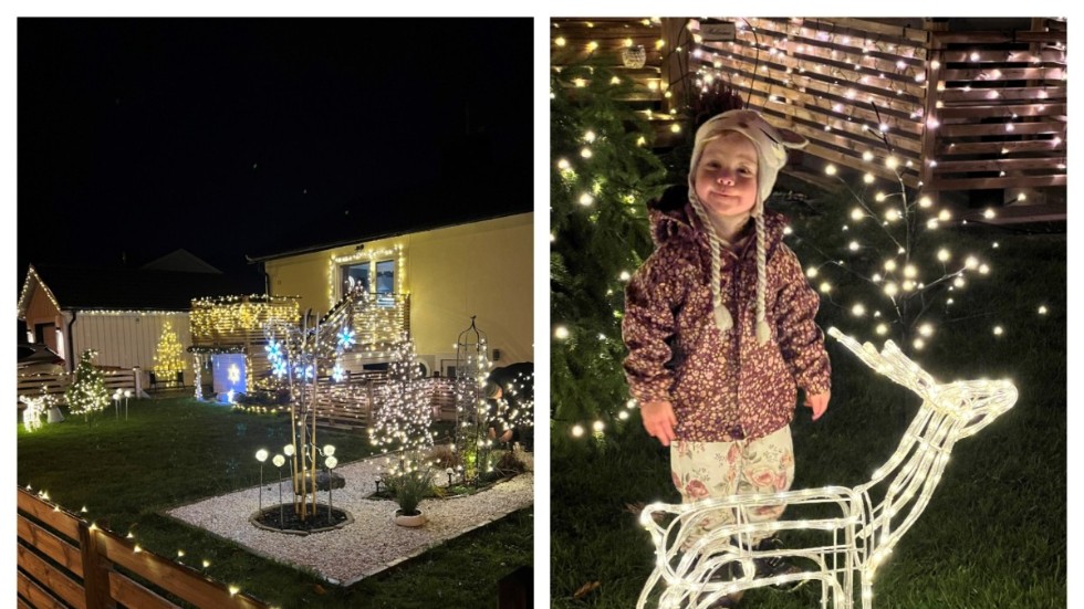 Lina Sjödin och Fredrik Nilsson i Västervik har gjort väldigt fint med massa julbelysning. Deras dotter Stina trivs så klart bland alla lampor. 