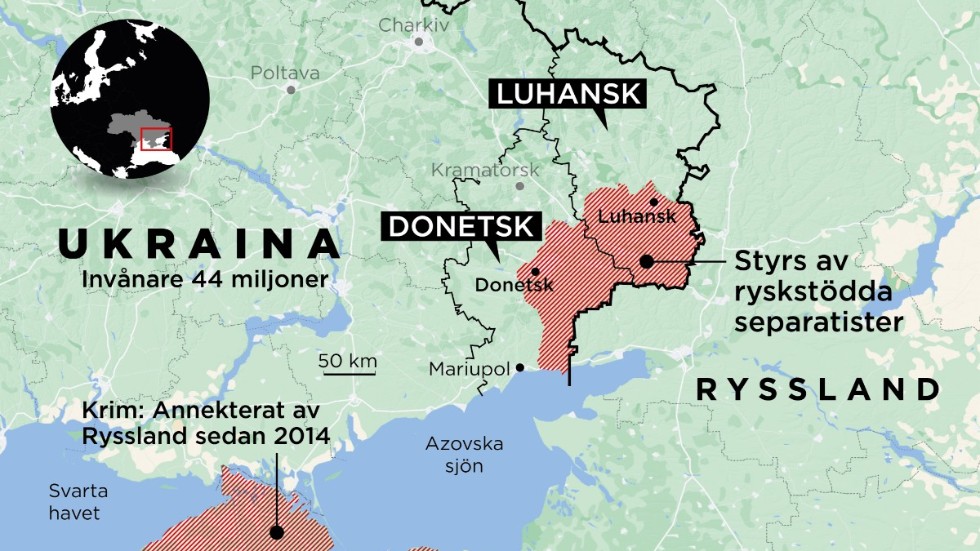 Länen Donetsk och Luhansk i östra Ukraina, med utbrytarrepublikerna och den annekterade Krimhalvön i rött.