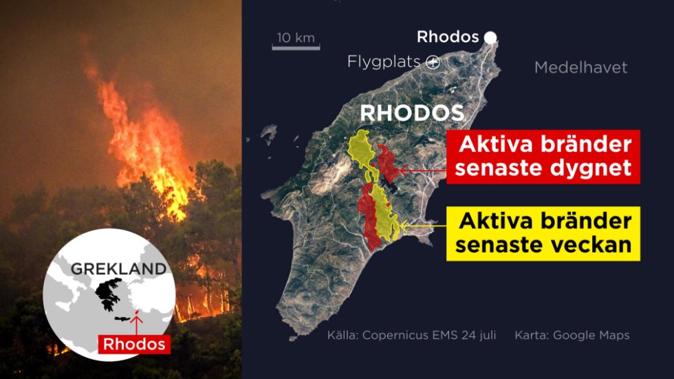 Kartan visar aktiva bränder på den grekiska ön Rhodos det senaste dygnet samt aktiva bränder den senaste veckan.