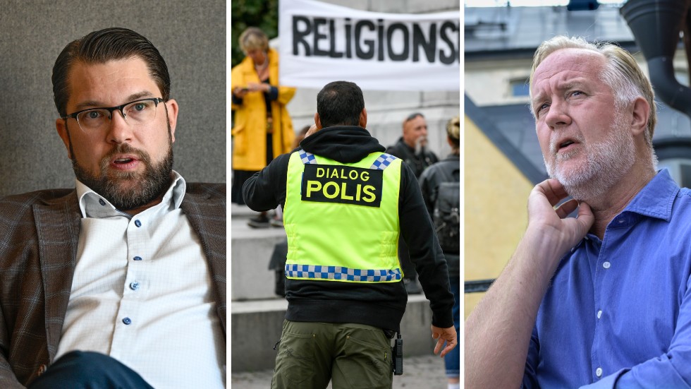 "Var håller Johan Pehrsons (t h) parti hus nu, när yttrandefriheten är under attack?" skriver Sakine Madon och lyfter att Jimmie Åkesson (t v) hörs mer i debatten. 