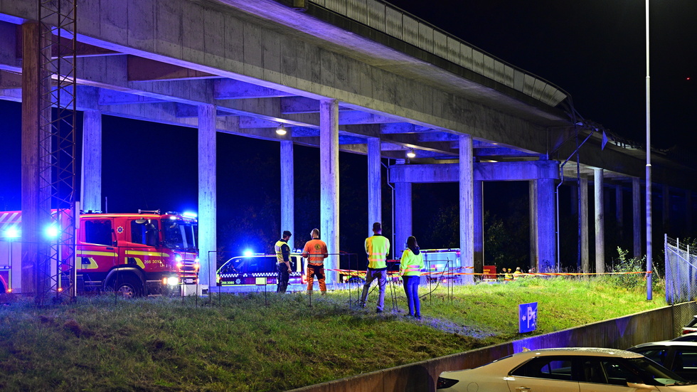 En lastbil körde vid 21-tiden på tisdagen av E22 och störtade cirka 20 meter från en viadukt utanför Karlshamn.