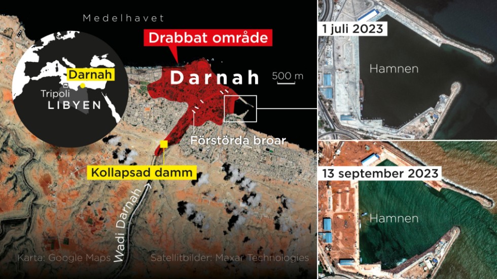 En av de värst drabbade städerna är Darnah, där två åldrade dammar kollapsade på söndagskvällen.