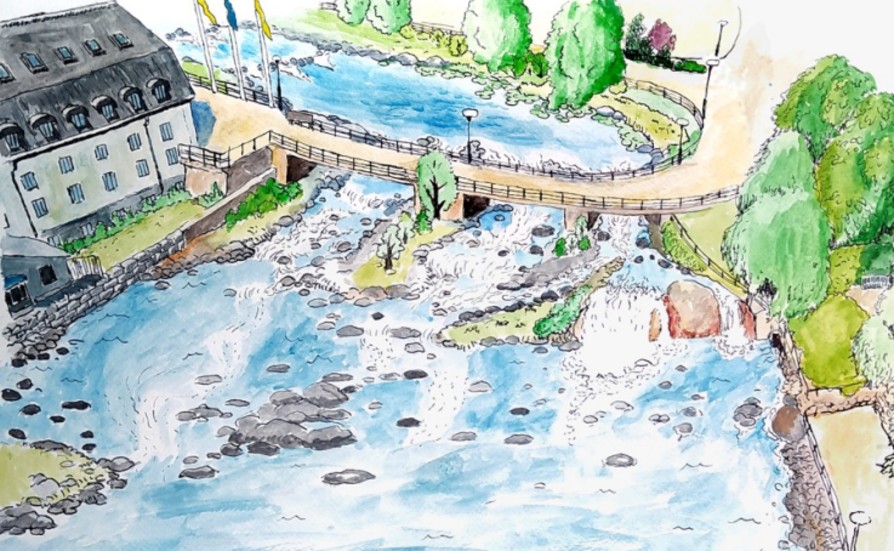 Det här är en illustration av hur Storhusqvarnsmiljön blir efter vattenkraften.