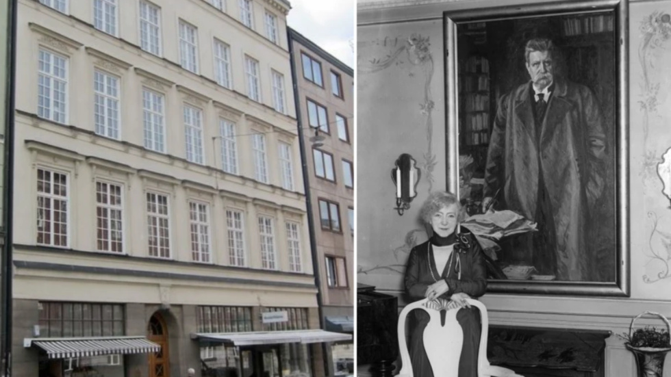 På bilden till vänster syns Brantingska huset på Nortullsgatan i Stockholm. Strax intill på samma gata ligger NSD:s övernattningslägenhet. På bilden till höger syns Anna Branting (fru till partihövdingen Hjalmar Branting) i hemmet 1930.