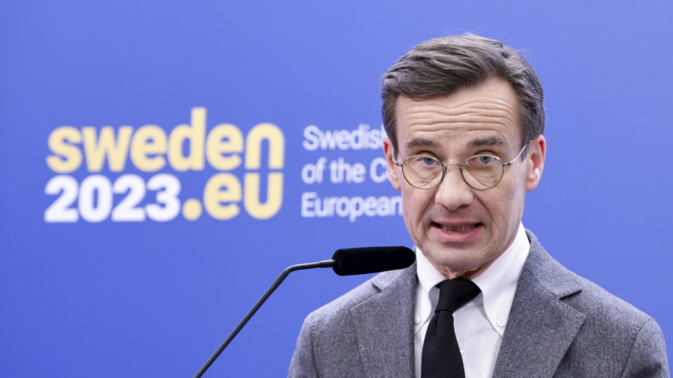 Statsminister Ulf Kristersson (M) under pressträff med lanseringen av Sveriges ordförandeskap i Europeiska unionens råd.