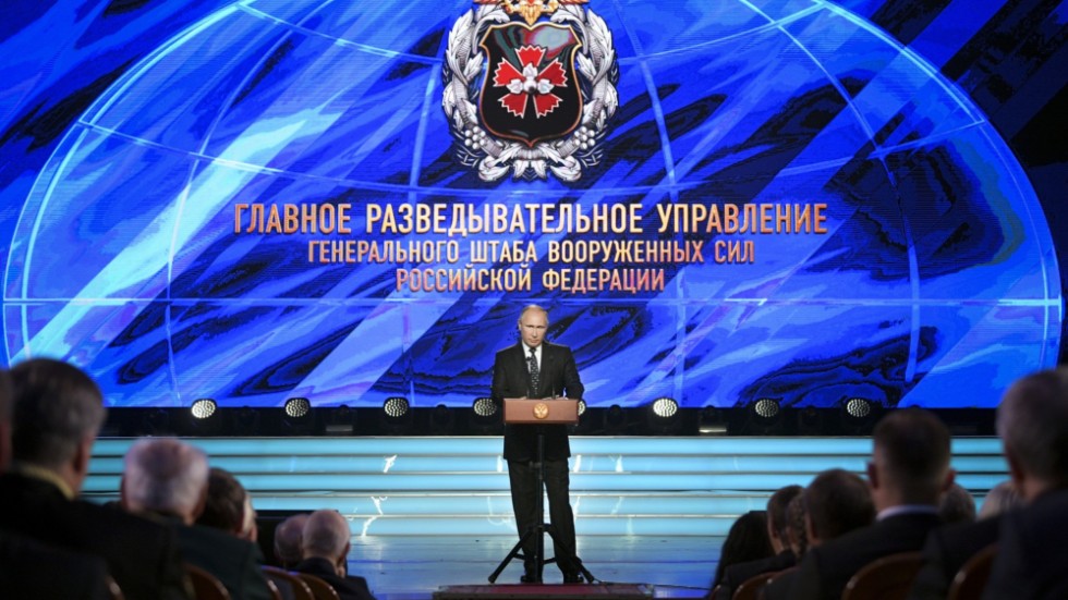 Rysslands president Vladimir Putin under ett tal till den militära underrättelsetjänsten GRU 2018. Arkivbild.