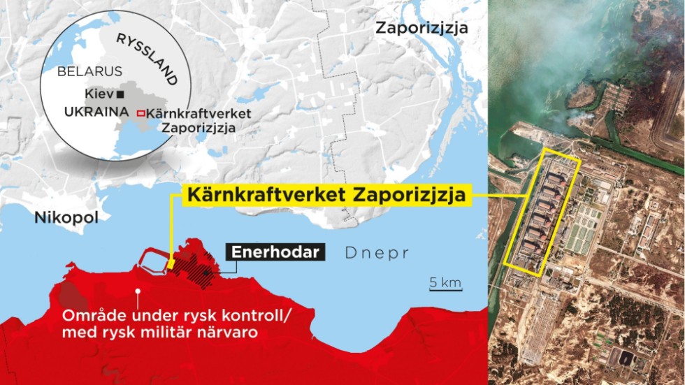 Den ryskockuperade staden Enerhodar och kärnkraftverket Zaporizjzja.