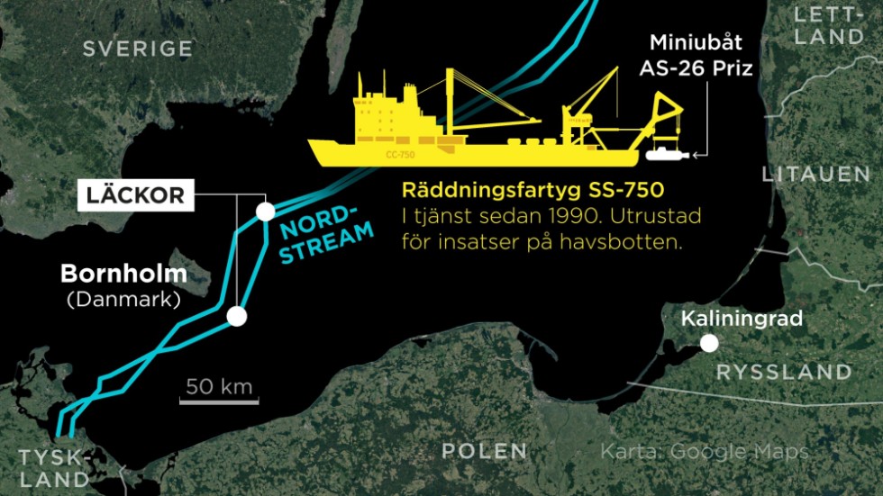 Kartan visar läckorna på Nord Stream-ledningarna och siluetten av det fartyg som fotograferades av den danska militären dagarna före läckorna upptäcktes.