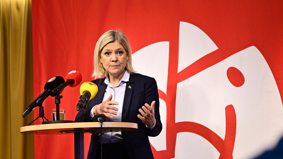 Socialdemokraternas partiordförande Magdalena Andersson (S) håller en pressträff innan sitt årliga jultal.