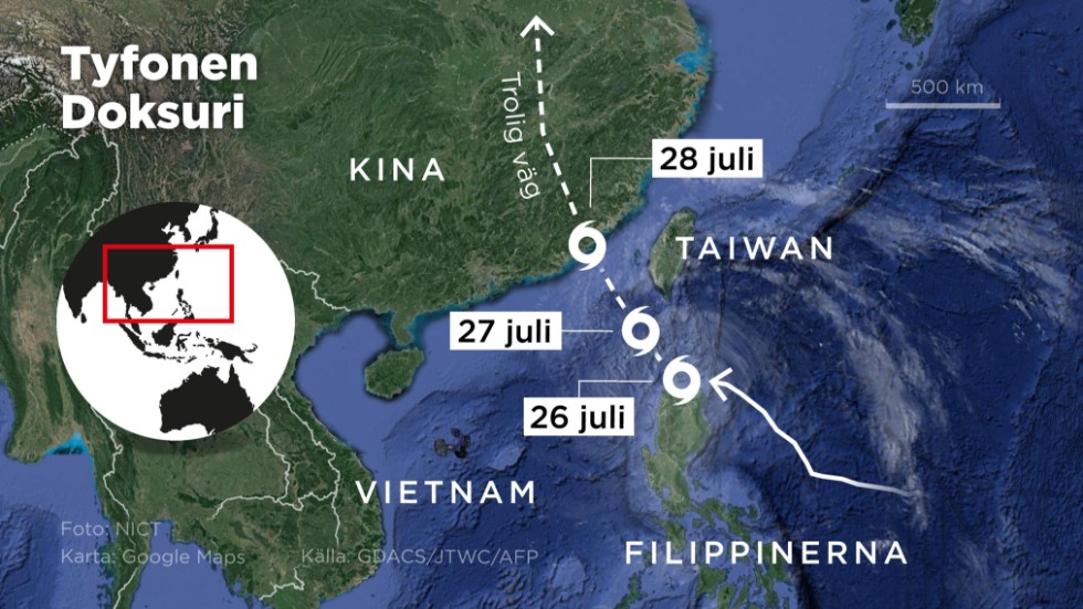 Kartan visar tyfonen Doksuris troliga väg 27–28 juli.