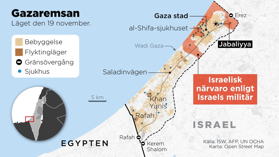 Kartan visar den omringning av Gaza stad som den israeliska militären säger sig ha genomfört.