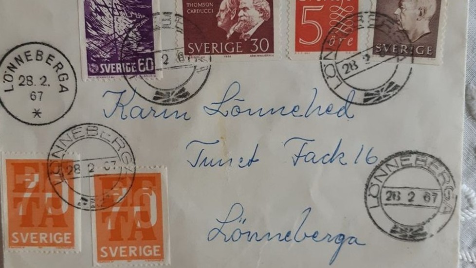 Det här kuvertet var något av det allra sista som skickades från postkontoret i Lönneberga 1967.