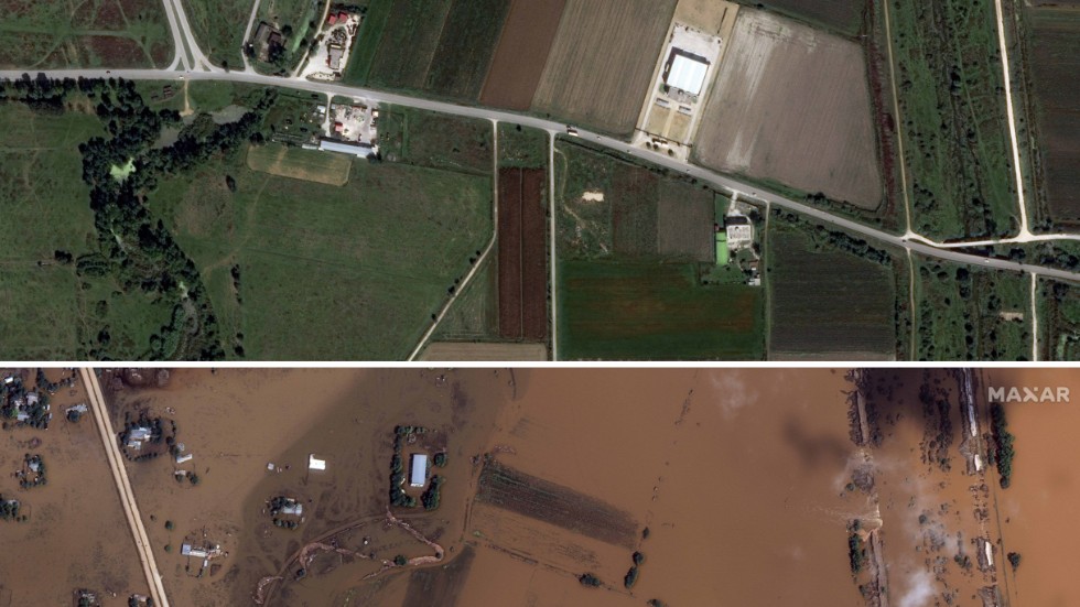 Satellitbilder visar förödelsen i byn Palamas i centrala Grekland efter översvämningarna tidigare i september.