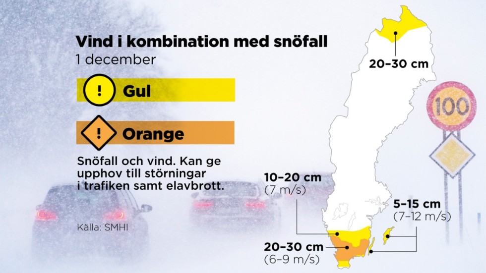 Gul och orange varning: Vind i kombination med snöfall.