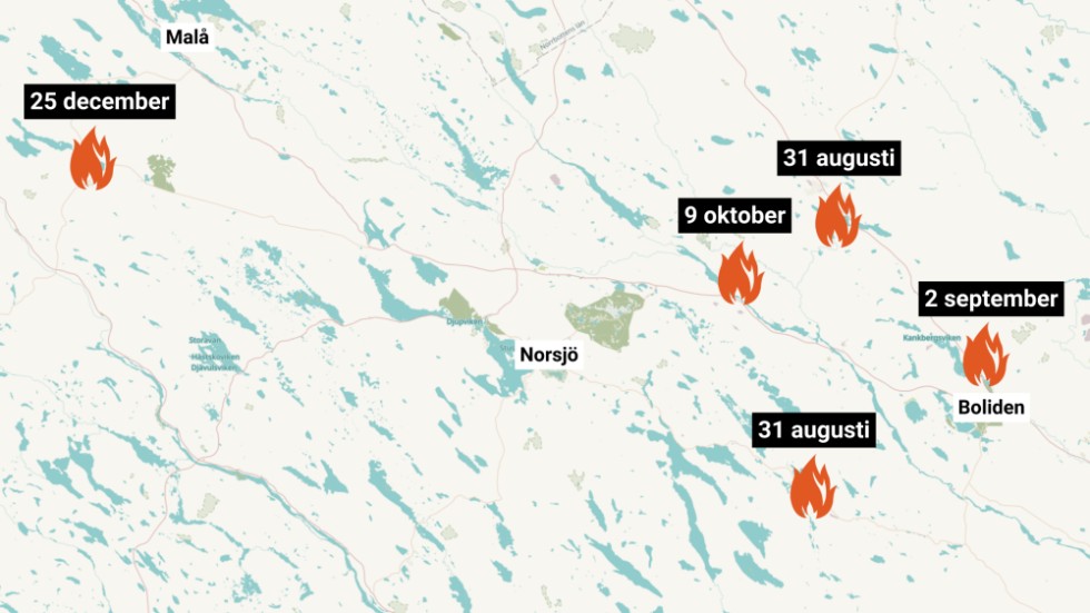 Here's where the police suspect that fires have been set over a four month period. There's Pärlström and Bastuträsk on August 31, Bastunäs on September 2, next to the Kedträsk bridge on October 9, and the old village school in Kristineberg on December 25.