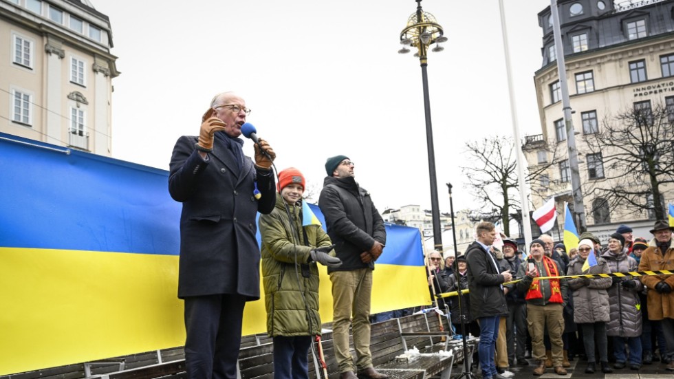 Gunnar Hökmark och Timur, som kom till Sverige från Ukraina i mars, samt Fredrik Malm (L) talar under Måndagsrörelsens manifestation till stöd för Ukraina.