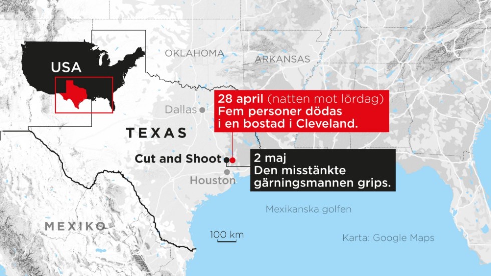 Den misstänkt mördaren greps i samhället Cut and Shoot i delstaten Texas.