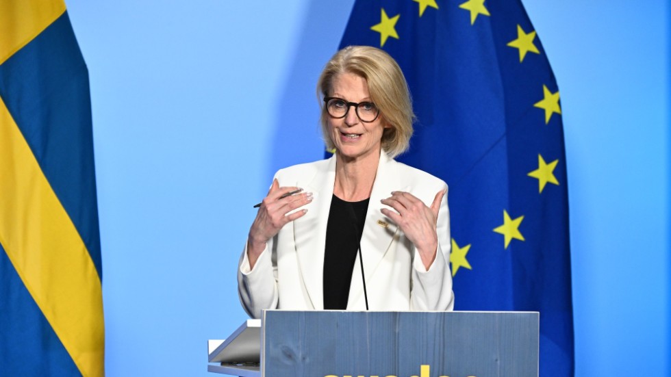 Finansminister Elisabeth Svantesson (M) under en presskonferens i samband med lördagens informella EU-möte.