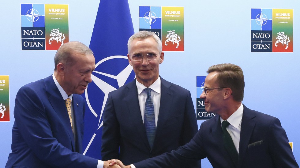 Turkiets president Recep Tayyip Erdogan och statsminister Ulf Kristersson skakar hand inför mötet de emellan i Vilnius.