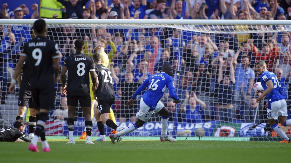 Ögonblicket efter att Abdoulaye Doucoure skjutit 1-0 för Everton.