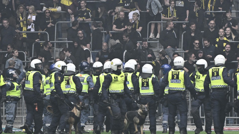 Poliser med hundar på plan framför AIK:s supportrar under derbyt i maj. Arkivbild.