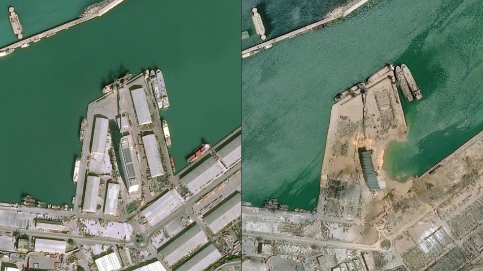 Satellitbilder tagna 25 januari i år och 5 augusti visar förödelsen i hamnen efter explosionen.