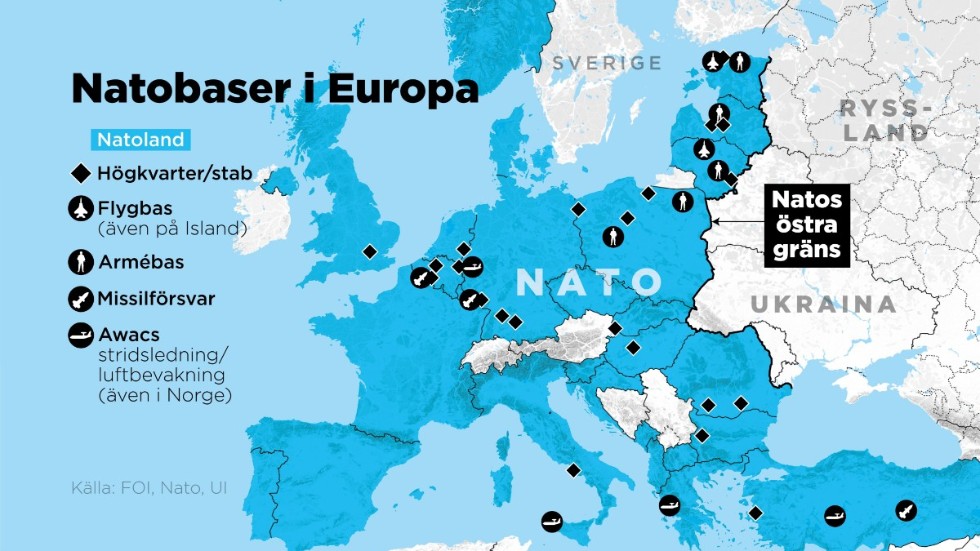 Karta som visar Natos högkvarter, staber och baser i Europa.