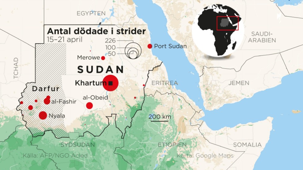 Antal dödsfall rapporterade i Sudan 15–21 april 2023.