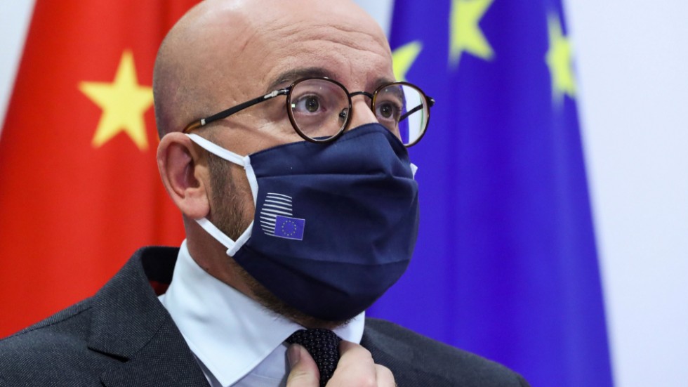 Europeiska rådets permanente ordföranden Charles Michel gör sig redo att tala på videolänk med Kinas president Xi Jinping. Fotot togs i september.