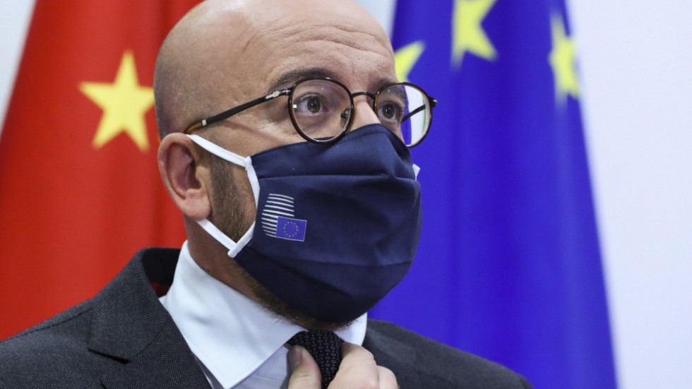 Europeiska rådets permanente ordföranden Charles Michel gör sig redo att tala på videolänk med Kinas president Xi Jinping. Fotot togs i september.