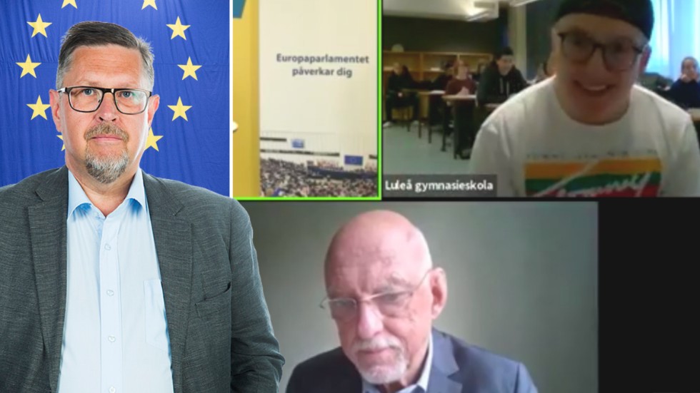 Europaminister Hans Dahlgren snackade EU med gymnasieeleverna i Luleå. NSD:s Olov Abrahamsson lyssnade.