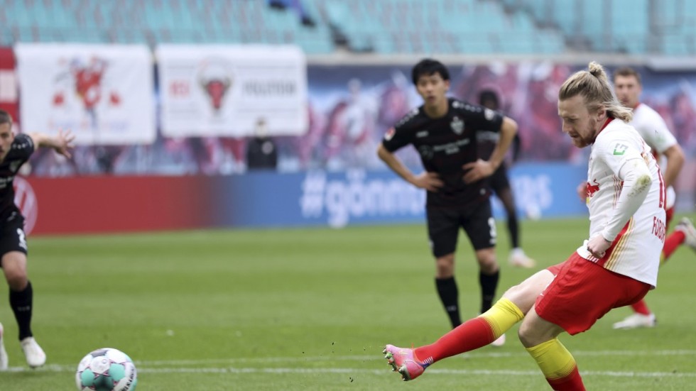 Emil Forsberg slog in en straff mot Bielefeld i helgens ligamatch. Hans sjunde ligamål för säsongen.