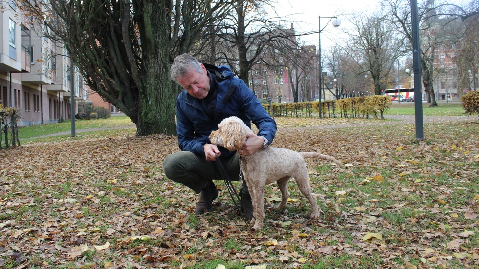 Tommy Svensson tycker om att gå långa promenader med sin hund Inez, som även hon är med på ett hörn i böckerna.