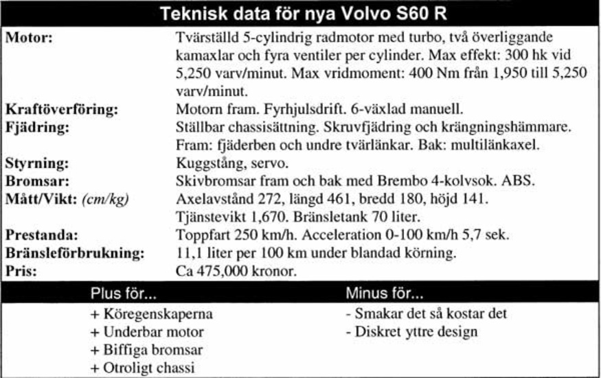 Teknisk data Volvo S60 R