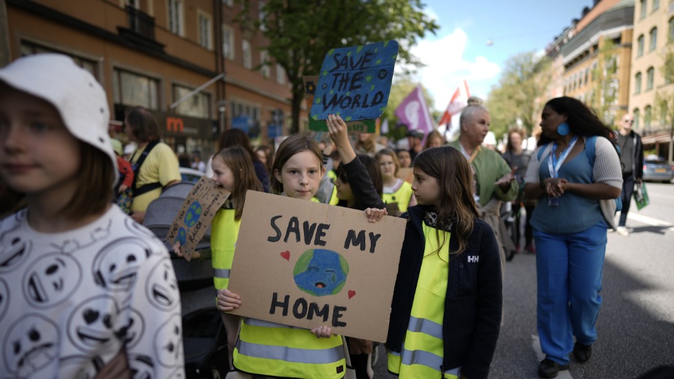 "Rädda mitt hem", står det på ett av plakaten som syntes i proteströrelsen Fridays for futures demonstration i samband med Stockholm +50.