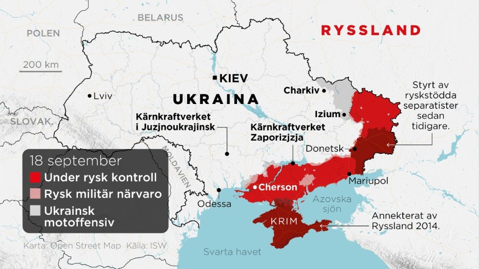 Områden under rysk kontroll/områden med rysk militär närvaro samt ukrainsk motoffensiv, 18 september.