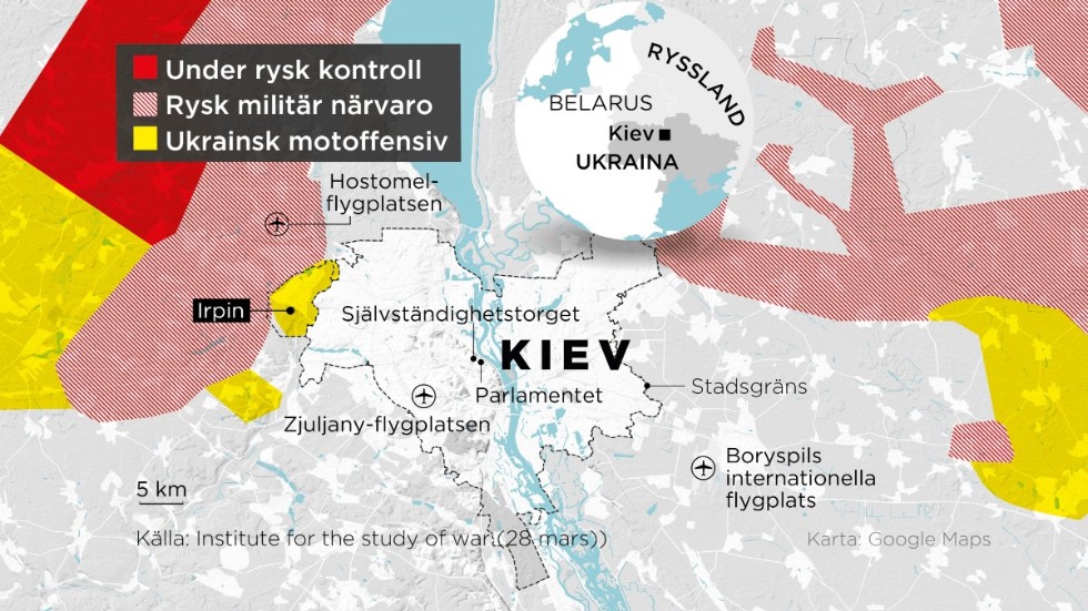 Områden under rysk kontroll, områden med rysk militär närvaro samt ukrainsk motoffensiv, 24 februari–28 mars.