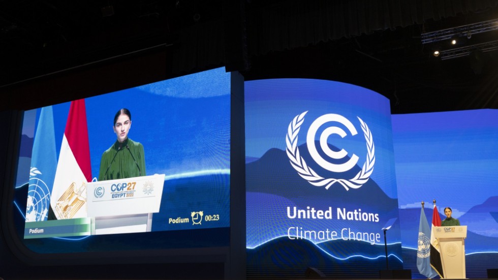 Klimat- och miljöminister Romina Pourmokhtari (L) talar på COP27.