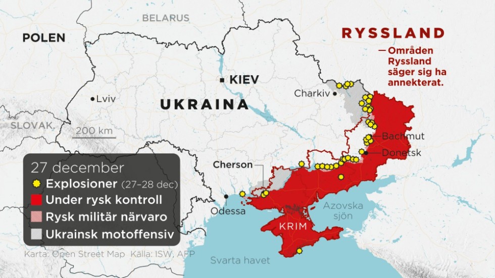 Områden under rysk kontroll, områden med rysk militär närvaro, ukrainska motoffensiver, områden Ryssland säger sig ha annekterat samt explosioner det senaste dygnet.