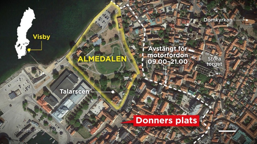 Kartan visar Donners plats nära Almedalen i Visby.