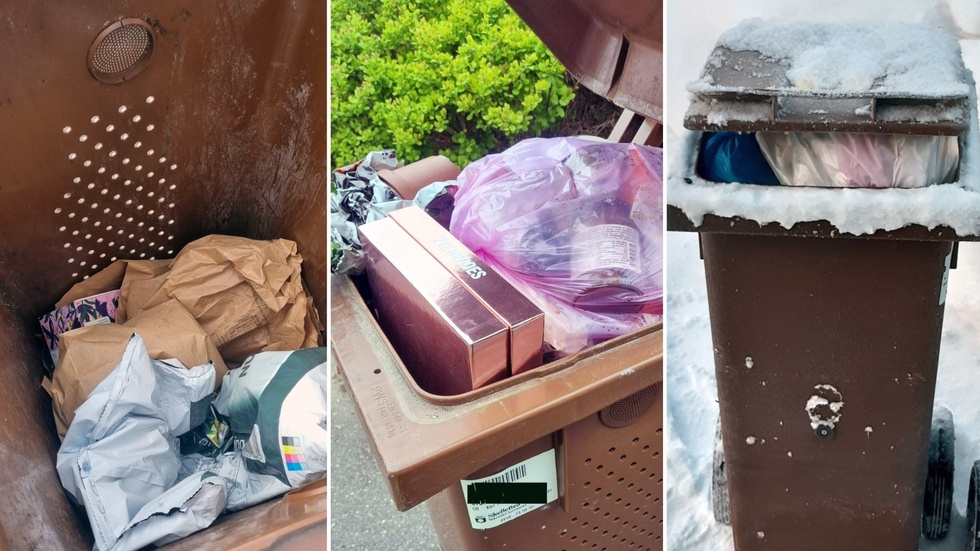 
Here are three examples of people putting the wrong items in brown bins. In the middle, someone has placed paper and glass packaging, and the two on the sides appear to contain residual household waste.