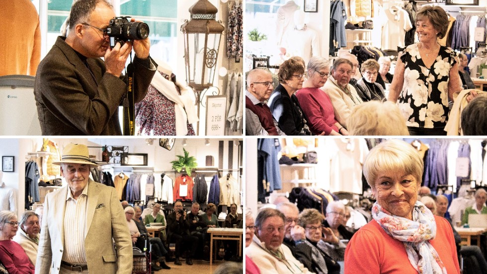 Full fart när modeintresserade seniorer både finns i publiken och på catwalken. På bilden:  fotograf Jens Fellke, Janne Ljung, Inger Swahn i blommigt och Ulla Hammarström med scarfen.