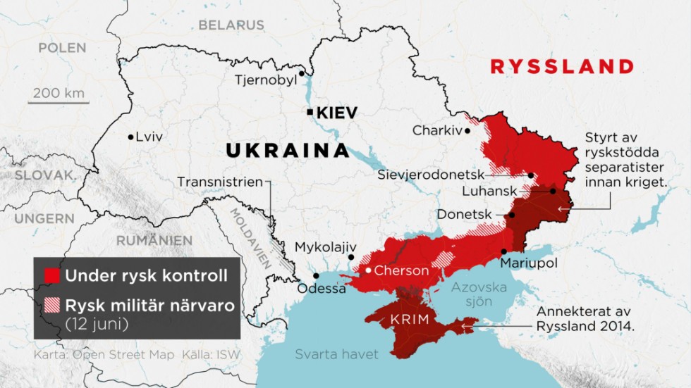 Områden under rysk kontroll samt områden med rysk militär närvaro den 12 juni.