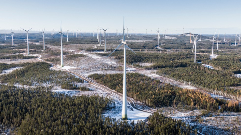 "Om utbyggnaden får fortsätta kommer Västerviks kommuns inland att fyllas av vindkraftsparker med mycket stark påverkan på naturen", befarar skribenten. På bilden Markbygden 1101 utanför Piteå är Europas största vindkraftspark på land.