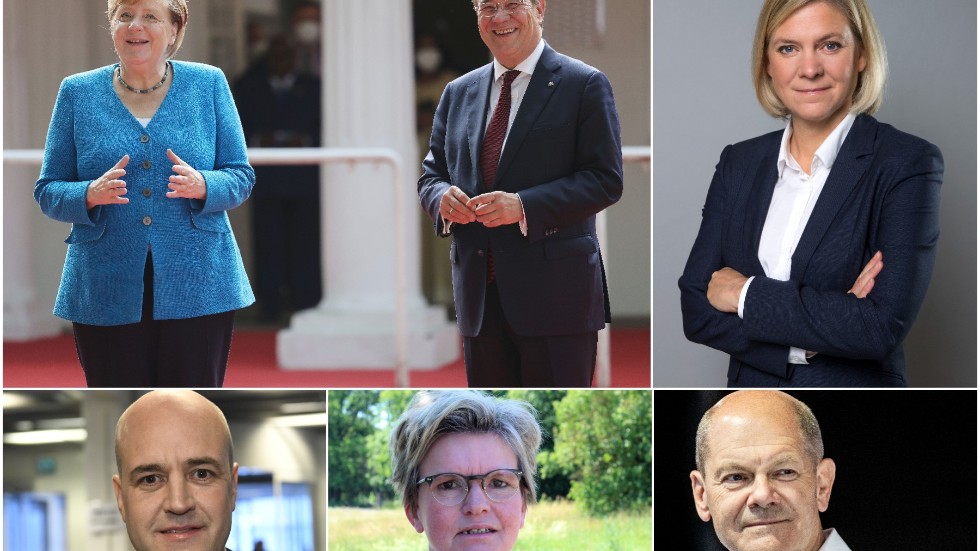 Är det tyska valet ett tecken i tiden? En värld där de som kan uppfattas som gråa personligheter är det nya och fräscha, funderar Lars Stjernkvist. Från vänster Angela Merkel, Armin Laschet, Magdalena Andersson, Fredrik Reinfeldt, Karin Jonsson och Olaf Scholz.
