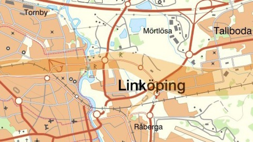 Så här ser Trafikverkets karta över Ostlänkens korridor genom Linköping ut. Det orange fältet under bokstaven ö på kartan visar en möjlig anslutning för Stångådalsbanan till stambanan. Men om den anslutningen ska bli verklighet utreds nu.