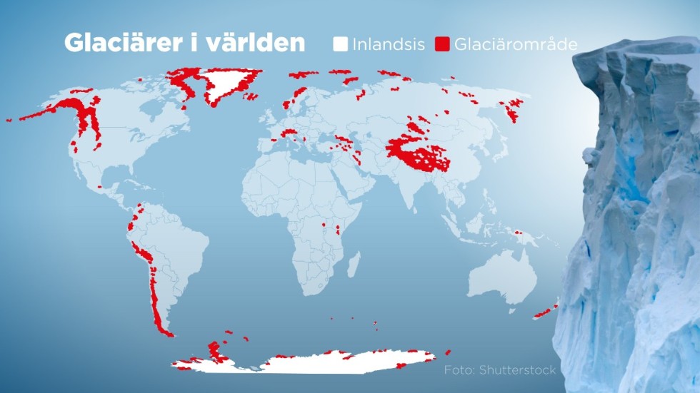 Kartan visar inlandsisar och glaciärområden i världen.