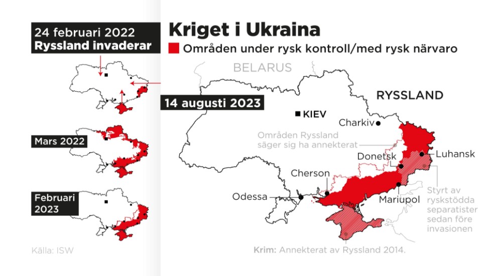 Områden under rysk kontroll/med rysk närvaro 24 februari 2022–14 augusti 2023.